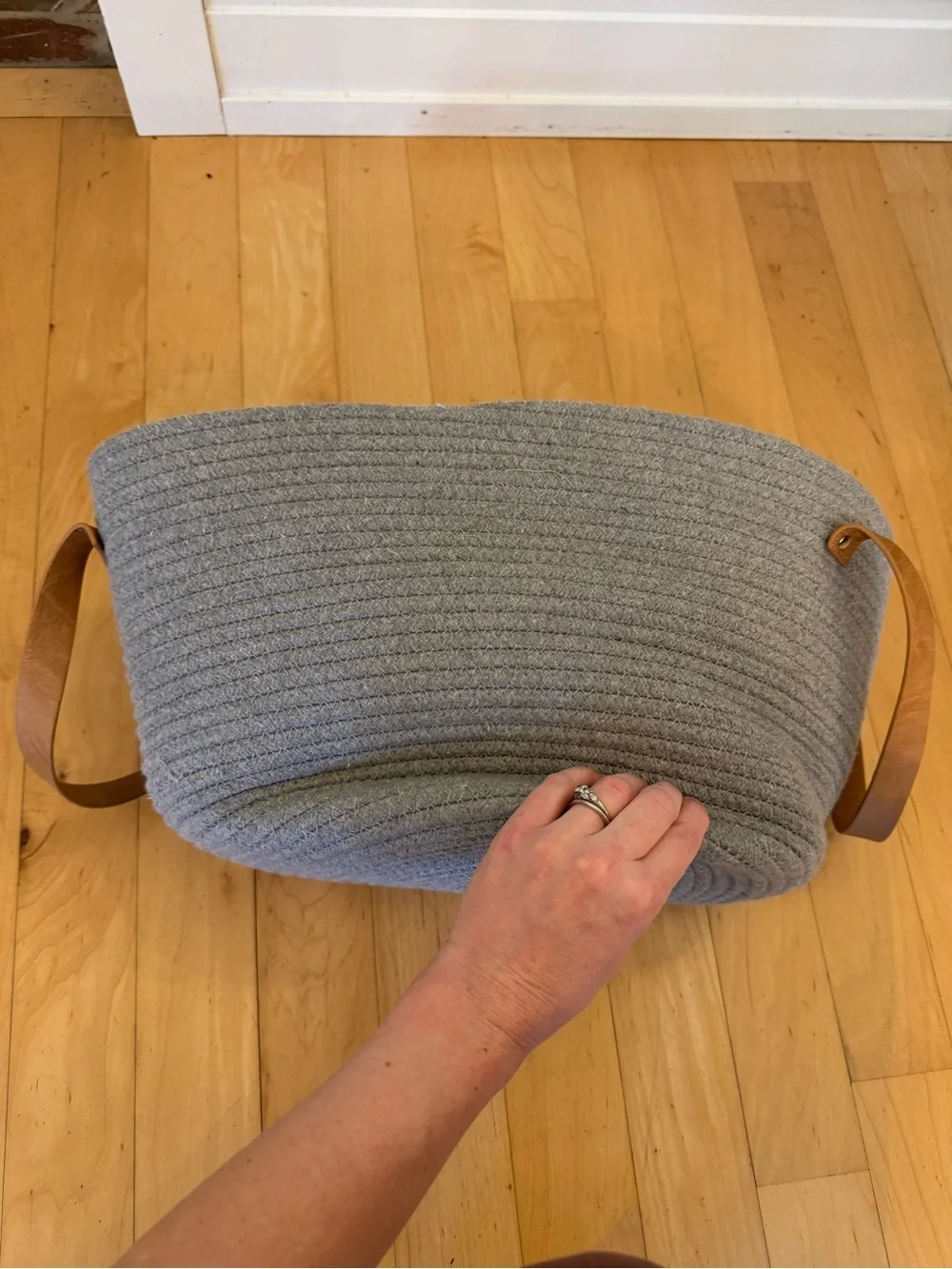 Woven Rope Storage Basket with Leather Handles - Gray
